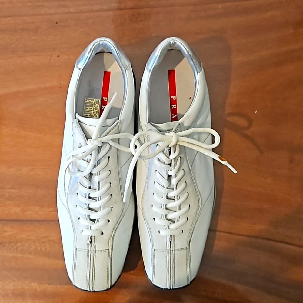 Prada, white leather driving shoes. Worn once, in great condition size 9.